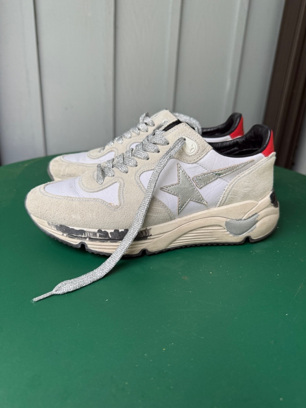 Golden Goose White and Silver Suede Star Sneakers with Red Heel Accent